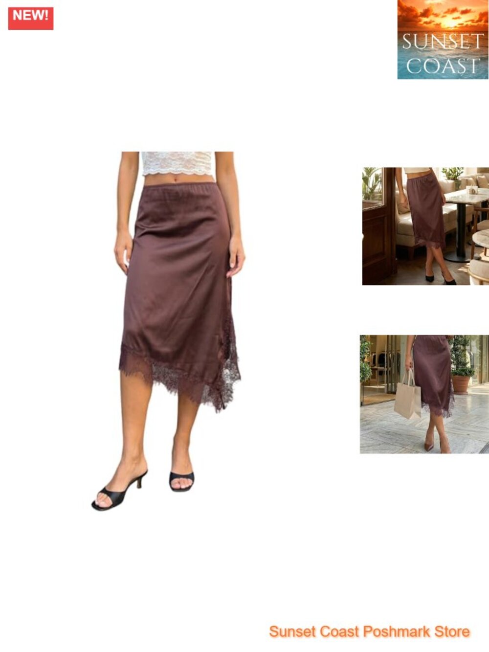 Women Silk Satin Half Slip Long Skirts Lace Trim Asymmetrical Maxi Skirt